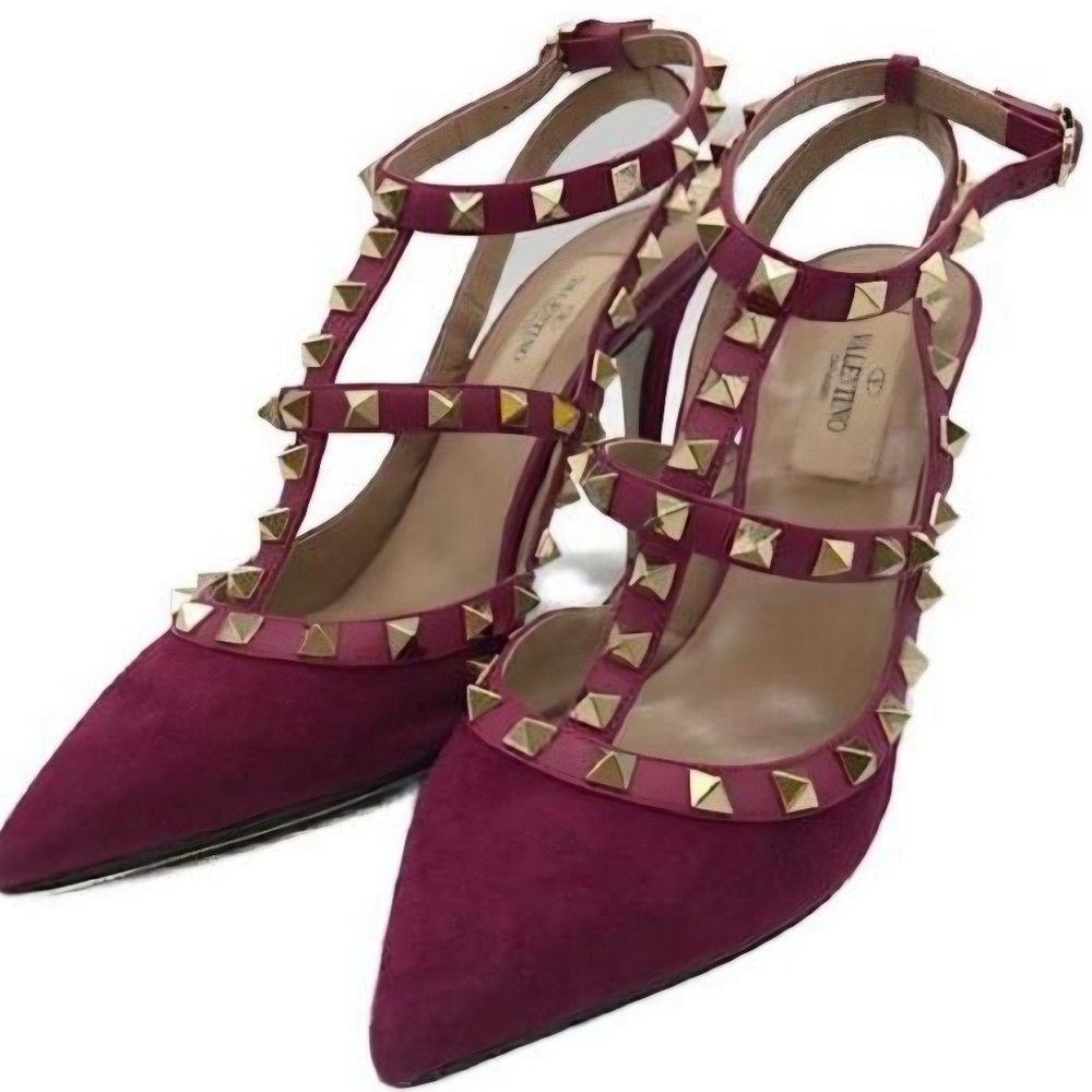 Valentino Garavani Rockstud Heels In Suede Burgundy Leather Like New Box Auth